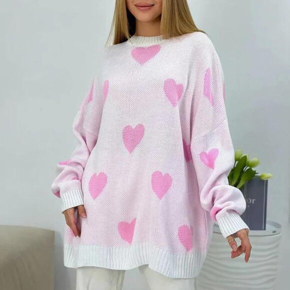 Women Heart Print Sweater Knit Long Sleeve Crew Neck Casual Top - Picture 2 of 2